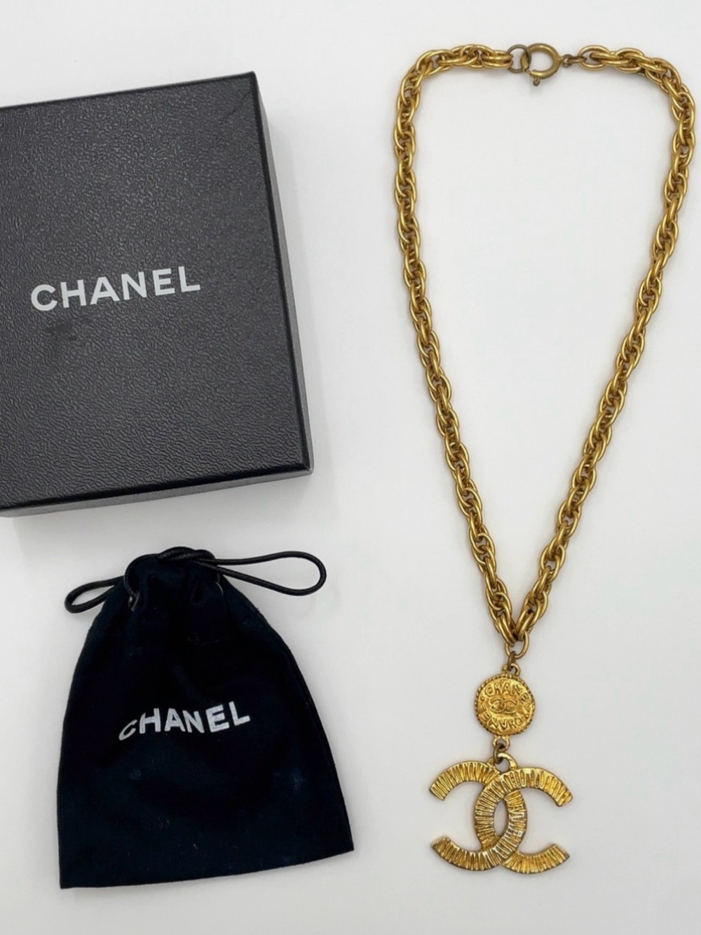 CHANEL Large Coco Medal Chain GP Necklace 24K gold Plated.Logo engraved W/Box,D